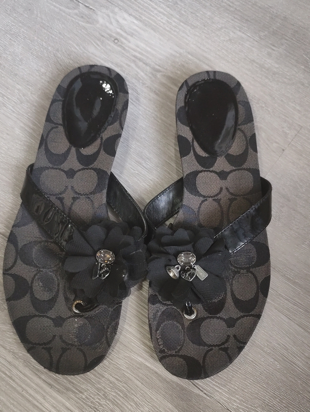 Coach Black Floral Logo Flip Flop Sandals with Crystal Accents
